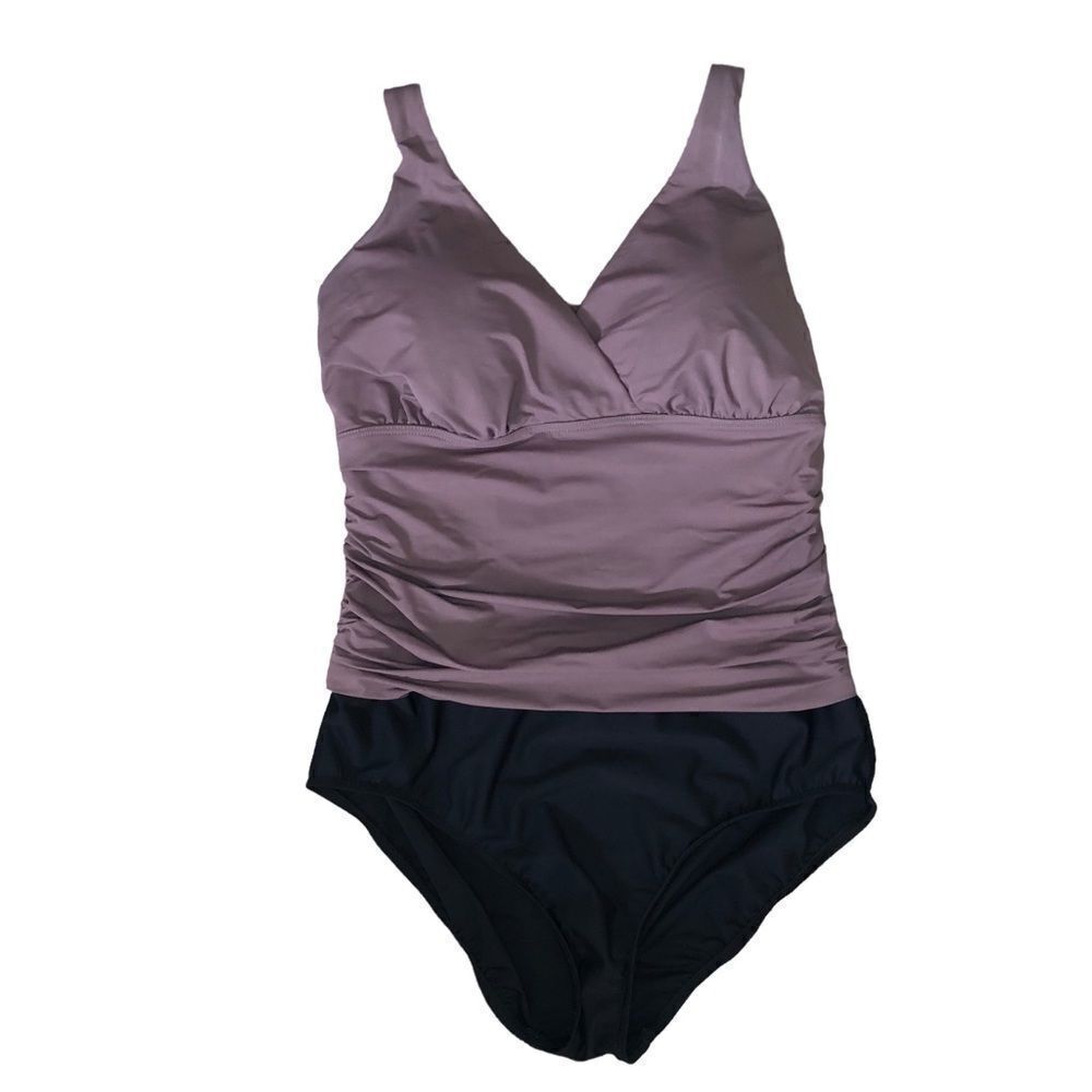 Lands End Tummy Control Chlorine Resistant V-neck Wrap 1 Piece Swimsuit Size 16